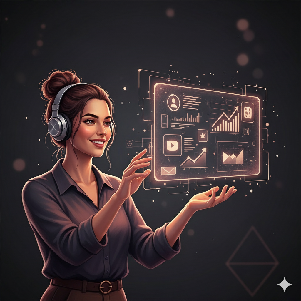 Mulher gerenciando perfil em um notebook