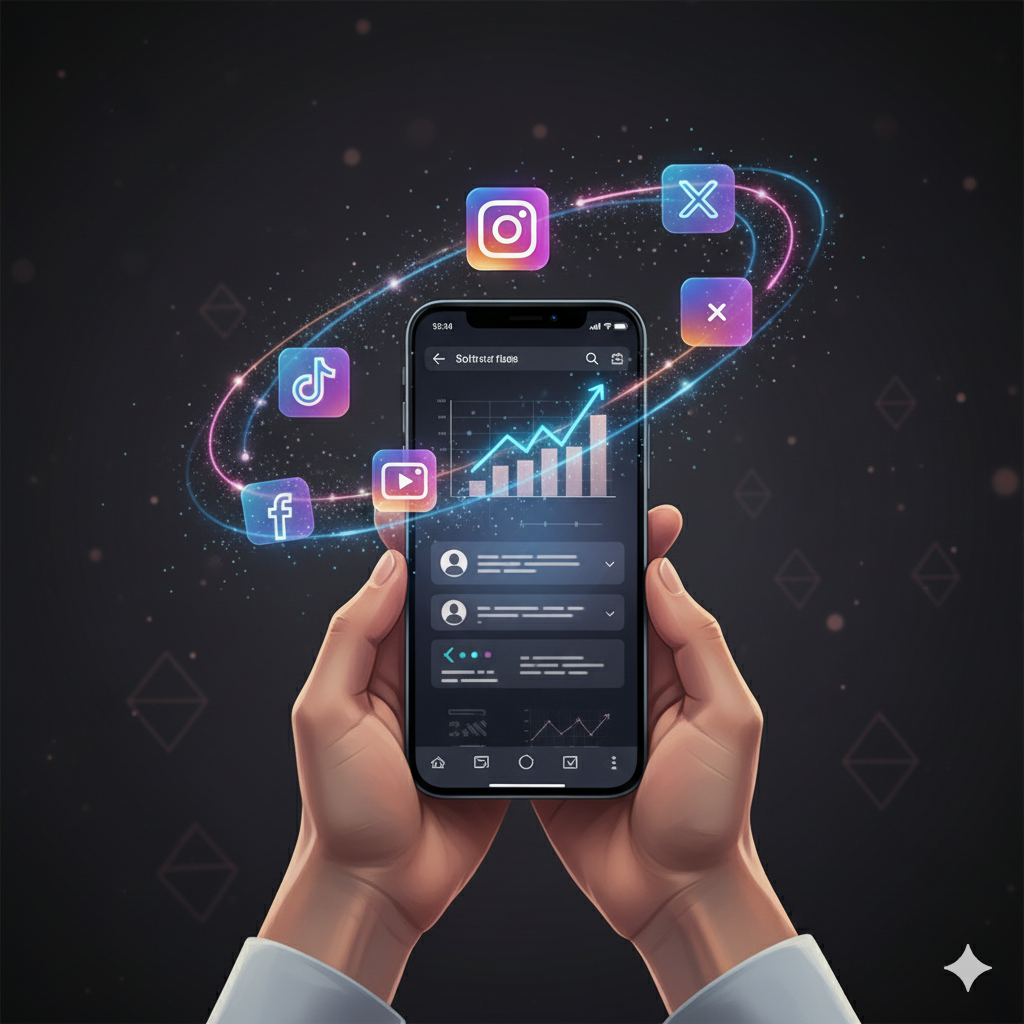 Ícones de redes sociais flutuando ao redor de um celular